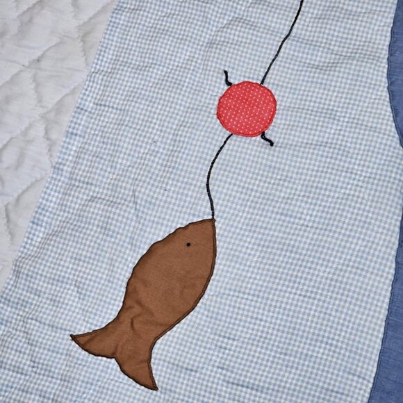 VTG Overall Sam Gone Fishing Blue Quilt Blanket Toddler Coverlet 44 X 60" - Picture 5 of 12